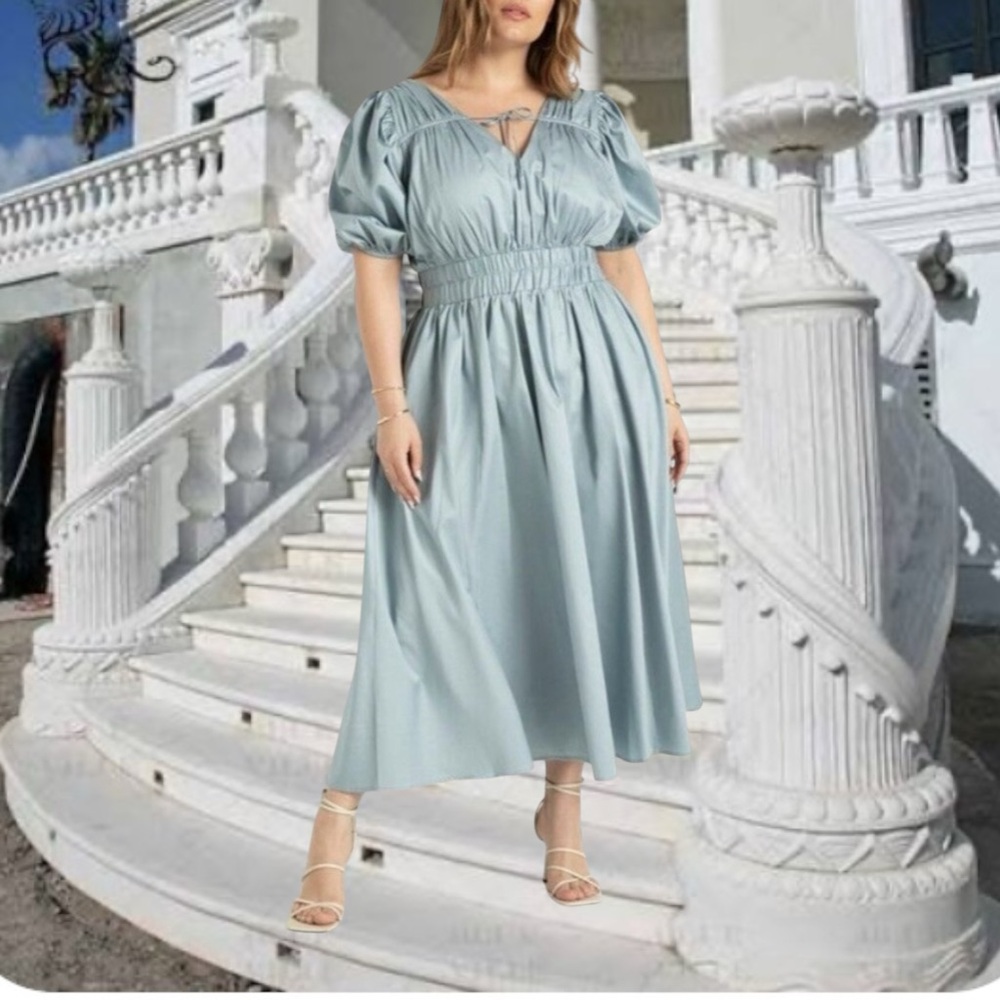 ELOQUII size 16 stone blue 100% cotton maxi dress with pockets - Picture 9 of 12